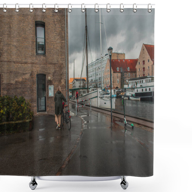 Personality  Woman Walking With Bicycle Near Building And Boats In Harbor, Copenhagen, Denmark  Shower Curtains