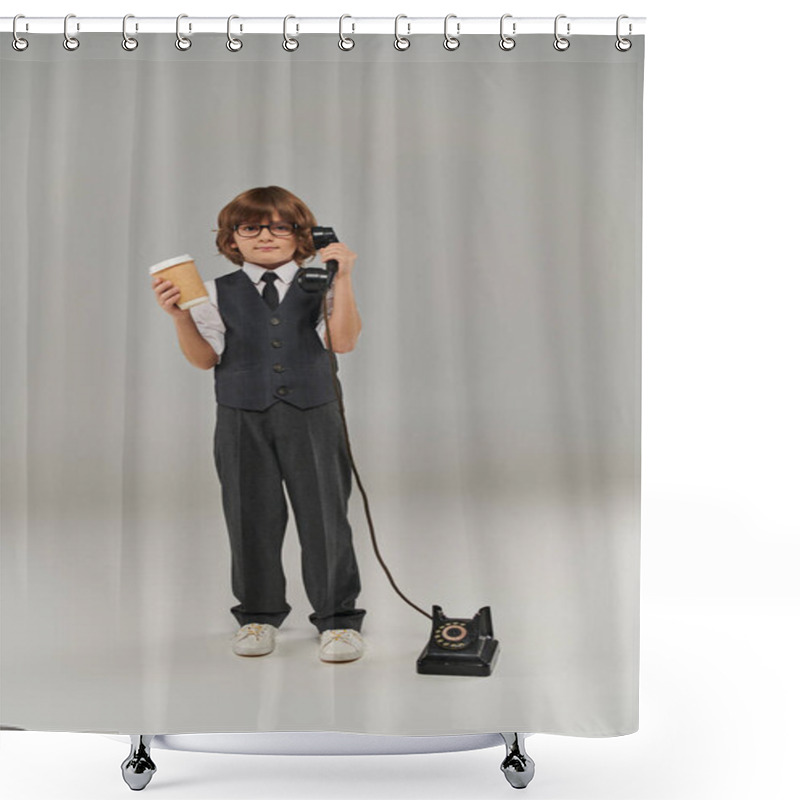 Personality  Boy In Glasses And Elegant Formal Attire Holding Retro Phone And Drink In Paper Cup On Grey Shower Curtains