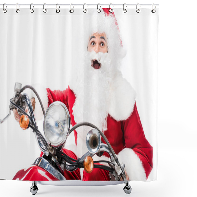 Personality  Excited Santa Claus In Costume Riding On Scooter Isolated On White Background  Shower Curtains