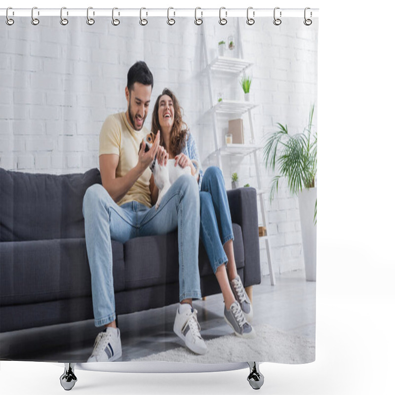 Personality  Cheerful Multiethnic Couple Cuddling Jack Russell Terrier And Laughing In Modern Living Room Shower Curtains