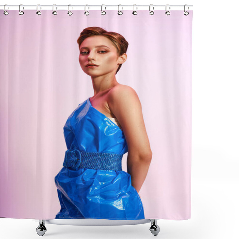 Personality  A Woman Poses In A Blue, One-shoulder Dress Made From Recycled Materials. Shower Curtains