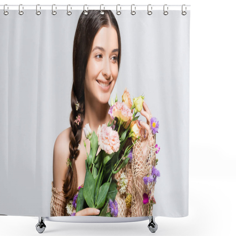 Personality  Smiling Beautiful Woman With Braid In Mesh With Spring Wildflowers Isolated On Grey Shower Curtains