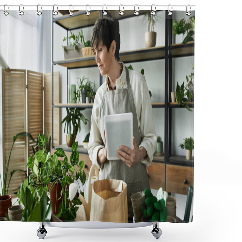 Personality  A Woman Tends To Her Beloved Plants While Enjoying Her Creative Space. Shower Curtains