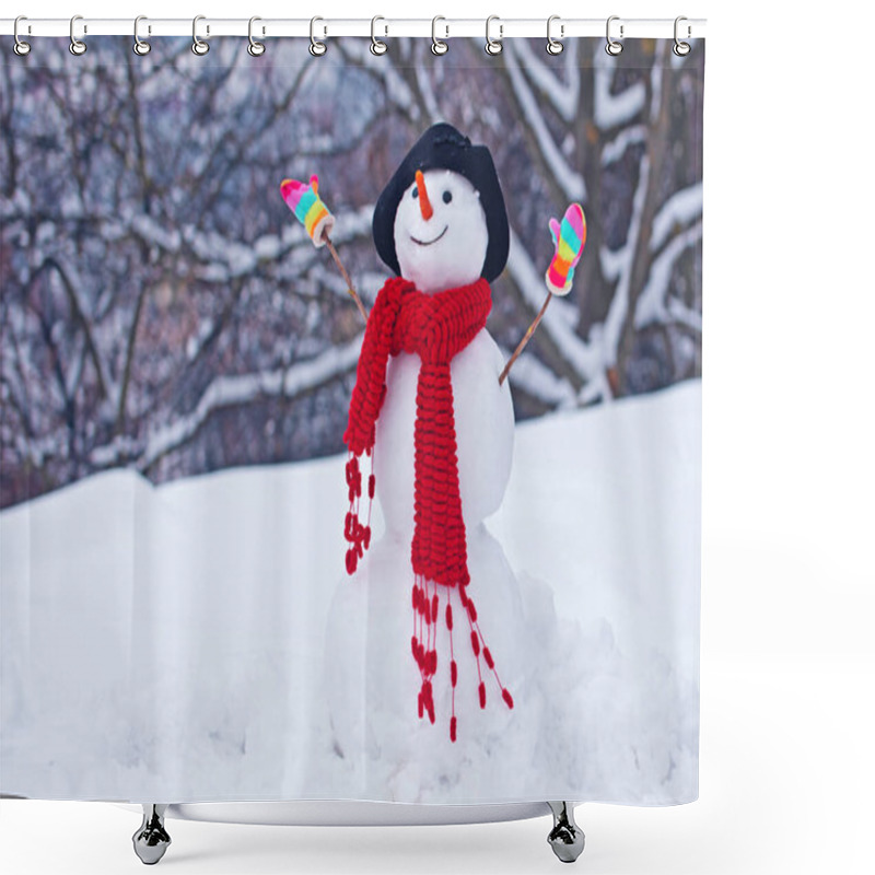 Personality  Happy Snowman With Gift Boxes Standing In Winter Christmas Landscape. Funny Snowman In Stylish Hat And Scarf On Snowy Field. Snow Men. Shower Curtains