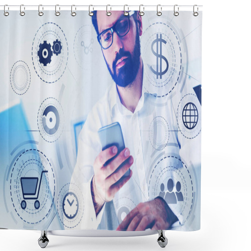 Personality  Man With Smartphone In Office, Online Shopping Shower Curtains