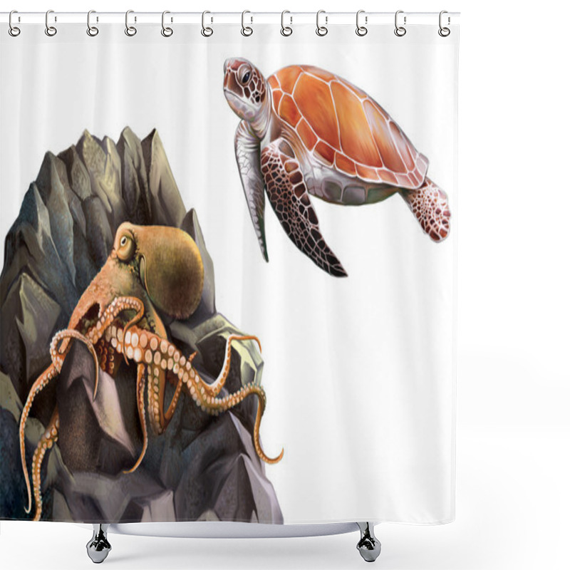 Personality  Turtle And Octopus In The Rocks Shower Curtains