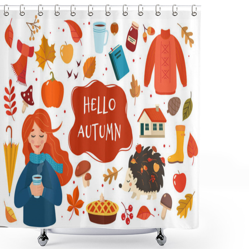 Personality  Autumn Hand Drawn Elements Collection With Lettering On White Background. Cute Vector Illustration In Flat Style Shower Curtains