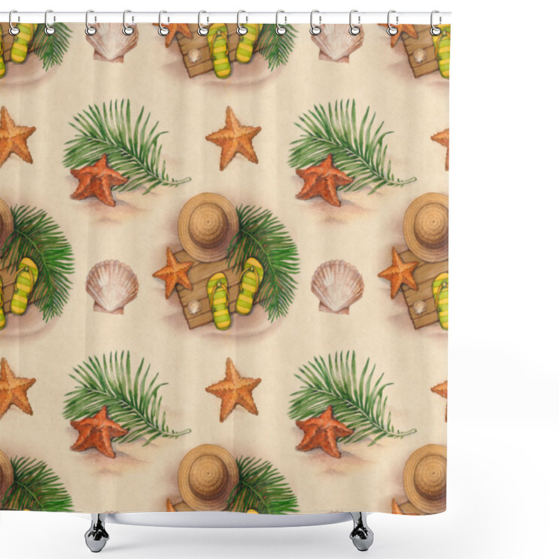 Personality  Summer Holiday Pattern. Straw Hat, Flip Flops, Shells And Starfish Shower Curtains