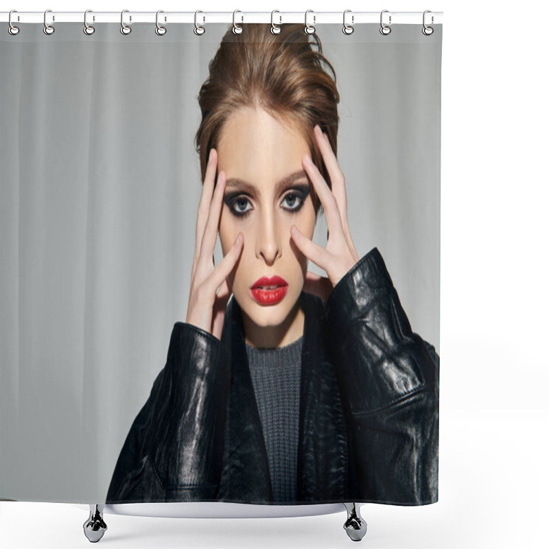 Personality  A Woman In A Black Leather Jacket Poses With Dramatic Eye Makeup And A Fierce Expression. Shower Curtains