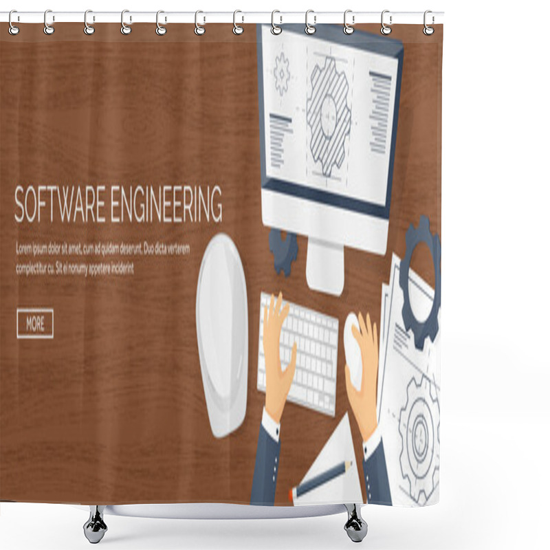 Personality  Vector Illustration. Engineering And Architecture. Computer. Drawing, Construction.  Architectural Project. Design, Sketching. Workspace With Tools. Planning, Building. Wooden Background. Shower Curtains