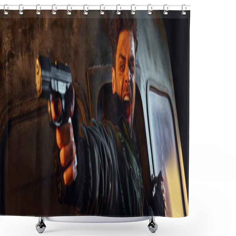 Personality  Unshaven Character With Gun Shooting And Shouting In Darkness Of  Post-apocalyptic Subway, Banner Shower Curtains