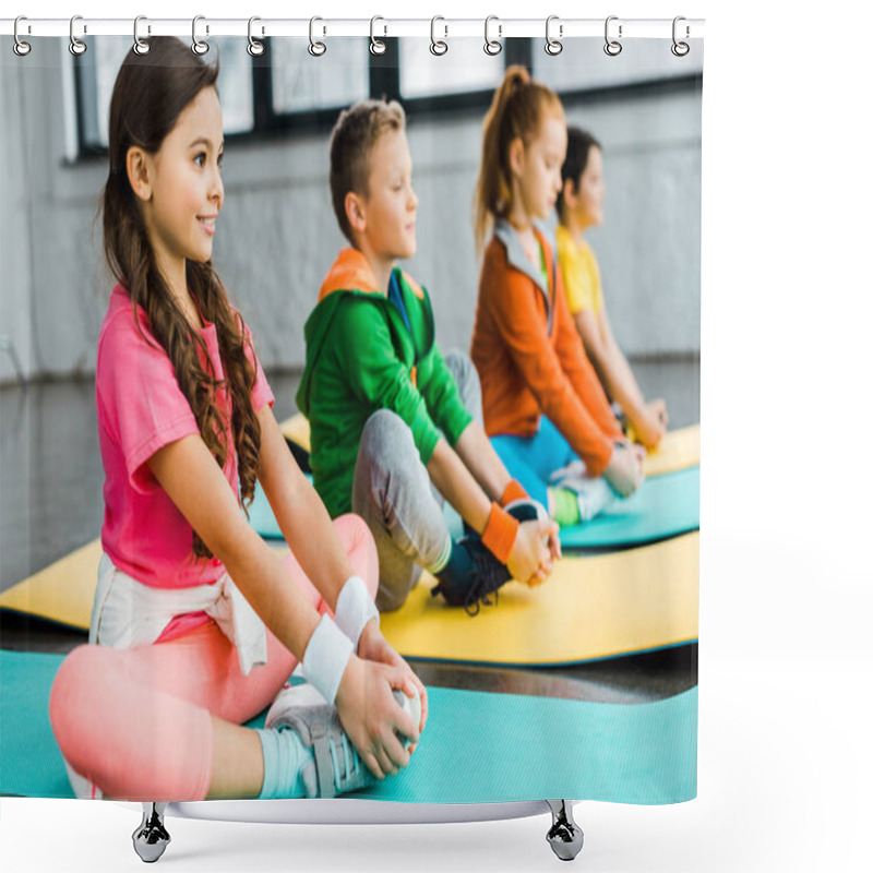 Personality  Smiling Kids Doing Gymnastic Exercises On Fitness Mats Shower Curtains