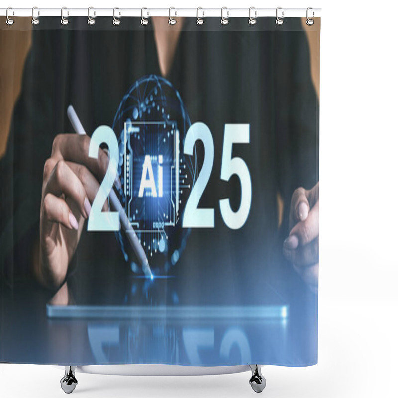 Personality  A Person Interacts With A Digital Tablet Featuring The Year 2025 And AI Technology, On A Dark Background. Concept Of Future Technology Shower Curtains