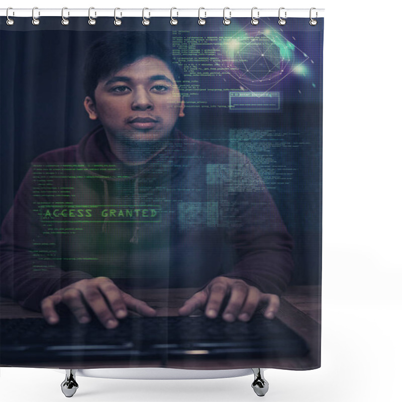 Personality  Shot Of A Young Man Looking Up At Messages On A Virtual Screen - ALL Design On This Image Is Created From Scratch By Yuri Arcurs Team Of Professionals For This Particular Photo Shoot - This Is An Shower Curtains