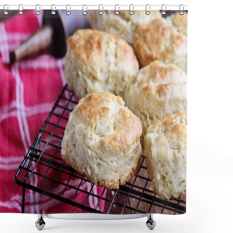 Personality  Freshly Baked Buttermilk Southern Biscuits Or Scones From Scratch Cooling On A Cooling Rack. Shower Curtains