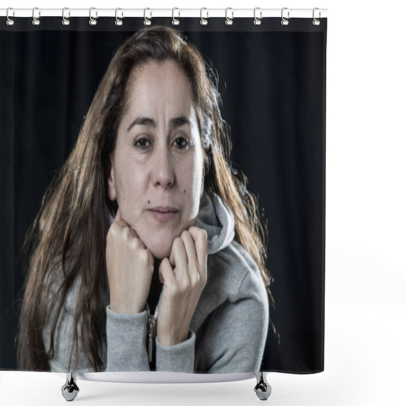 Personality  Portrait Of Sad Latin Woman With Wavy Hair And Grey Hoodie On Black Background Shower Curtains