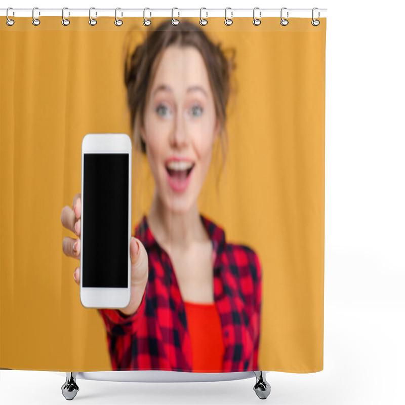 Personality  Cheerful Woman Showing Blank Smartphone Screen  Shower Curtains