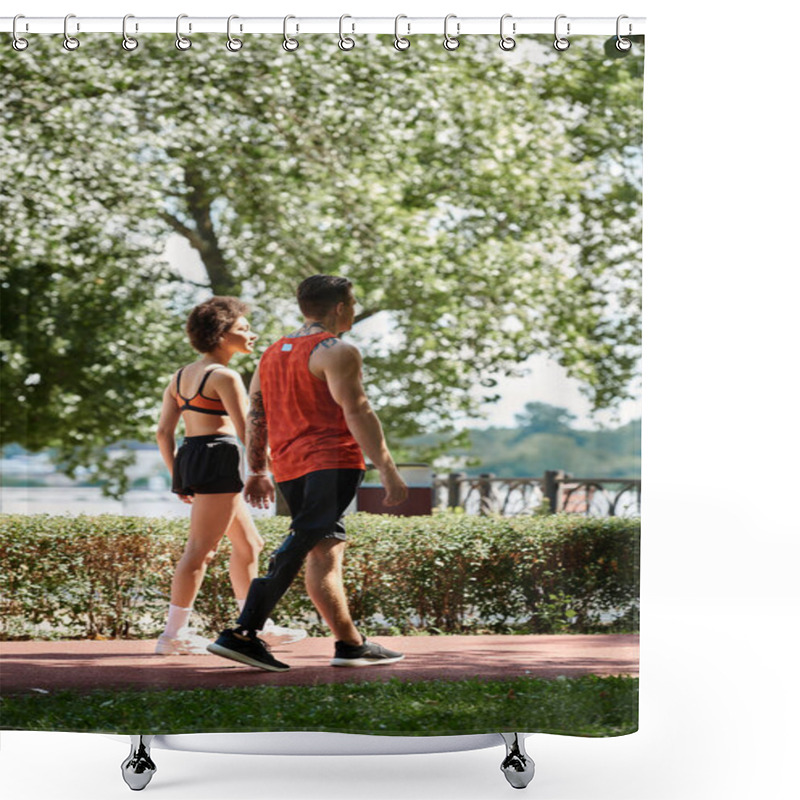 Personality  Two Friends Enjoying An Outdoor Workout, Showcasing Strength And Camaraderie In A Sunny Park. Shower Curtains