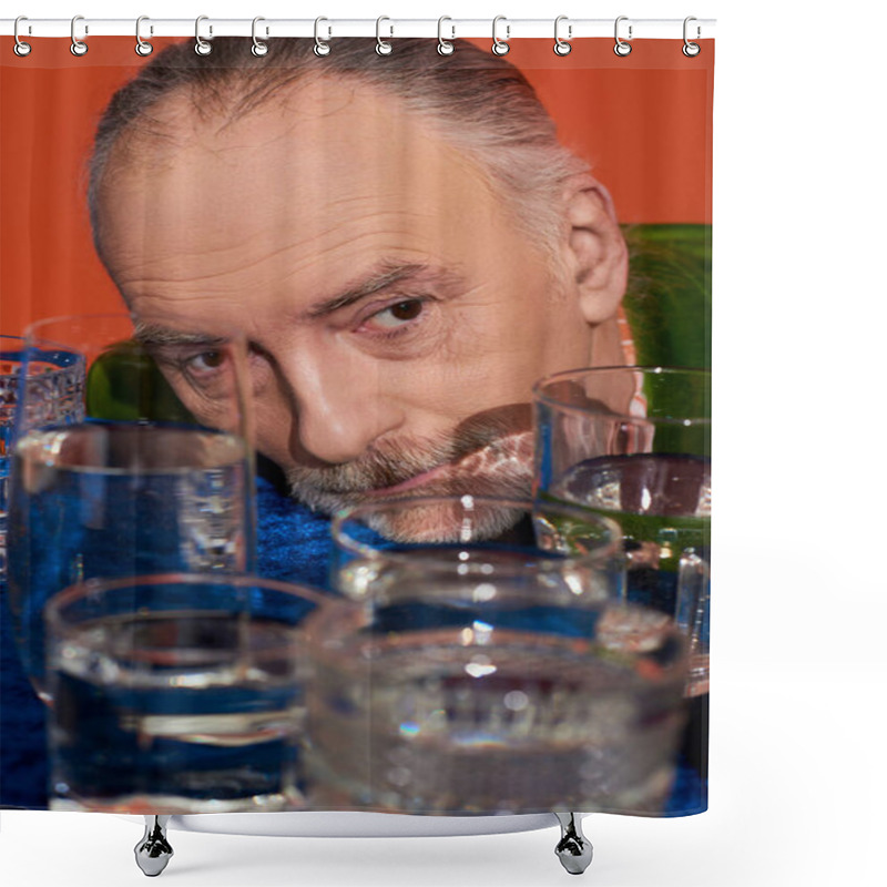 Personality  Memories, Senior And Pensive Man Looking Away Near Glasses With Clear Water On Table With Blue Velour Cloth On Orange Background, Aging Population, Symbolism, Life Fullness Concept Shower Curtains