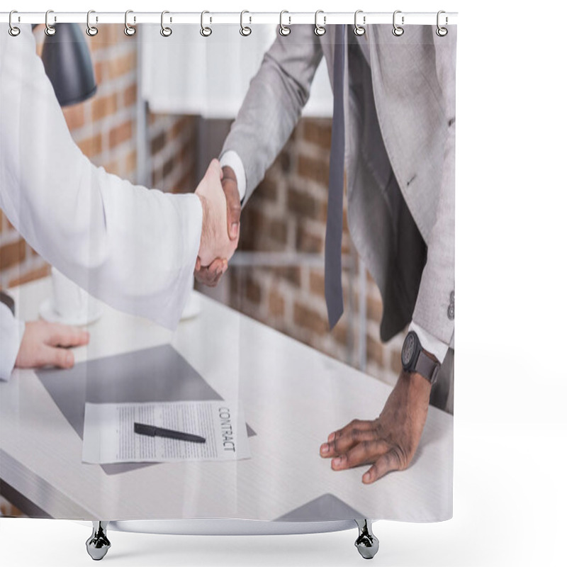 Personality  Multiethnic Businessmen Shaking Hands Before Signing Contract In Office  Shower Curtains