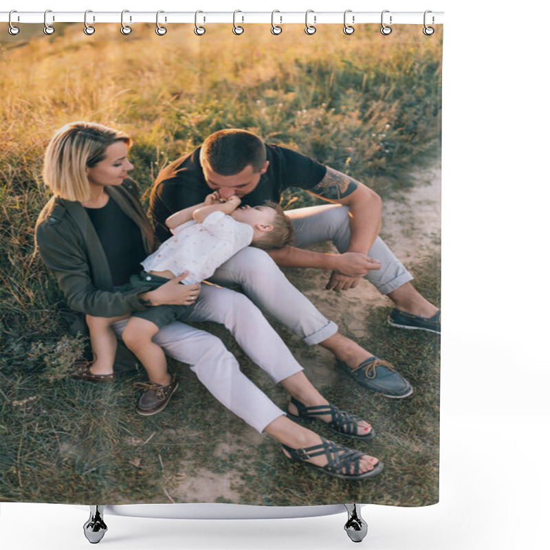 Personality  High Angle View Of Happy Parents Playing With Adorable Little Son At Sunset  Shower Curtains