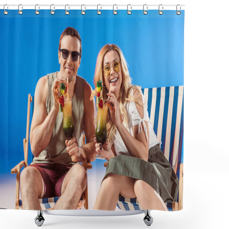 Personality  Man And Woman Drinking Tropical Cocktails Resting In Deck Chairs On Blue Background Shower Curtains