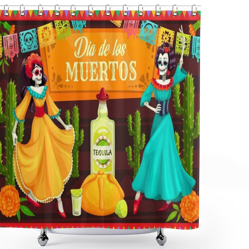 Personality  Mexican Day Of The Dead Dancing Catrina Skeletons. Vector Dia De Los Muertos Skeleton Dancers With Calavera Skulls, Cactuses And Marigold Flowers, Tequila, Lime And Bread, Decorated With Papel Picado Shower Curtains