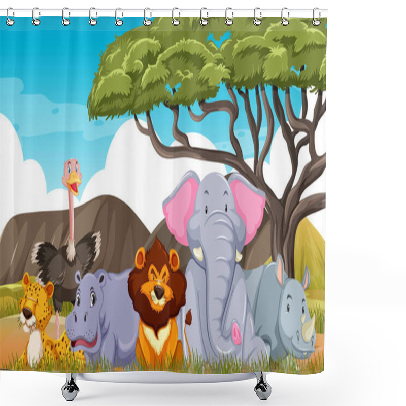 Personality  Wild Animals In Savanna Forest Scene Illustration Shower Curtains