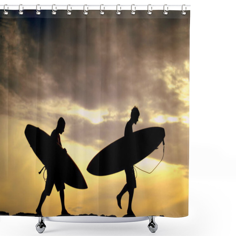 Personality  Two Surfers Carrying Their Boards Home At Sunset Shower Curtains