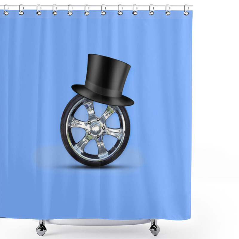 Personality  Car Wheel And Hat Cylinder On A Blue Background.Happy Fathers Day Background. Isolated. Greeting Card. Festive Background. Shower Curtains