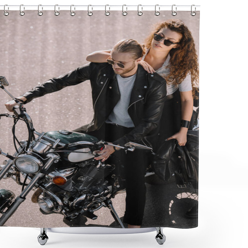 Personality  Two Bikers Sitting On Classical Cruiser Motorcycle On Asphalt Road Shower Curtains