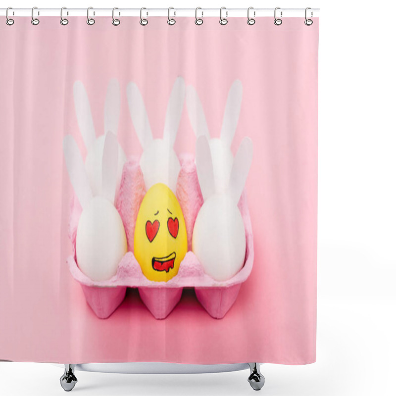 Personality  Decorative Rabbits And Yellow Egg With Enamored Facial Expression On Pink, Easter Concept Shower Curtains