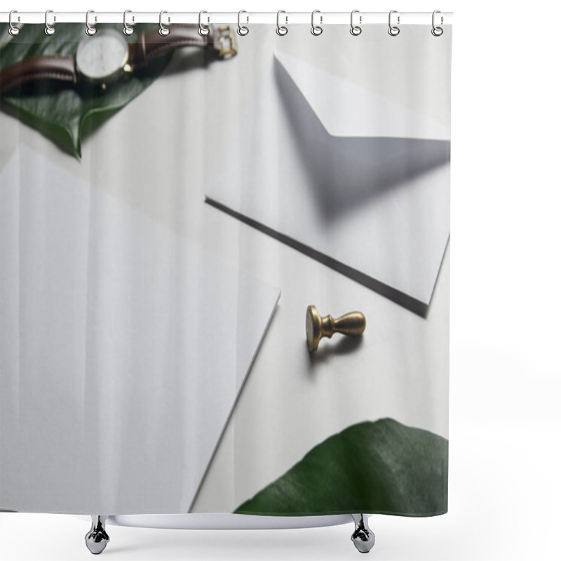 Personality  Business Template With Paper, Envelope And Watch On White Marble Background Shower Curtains