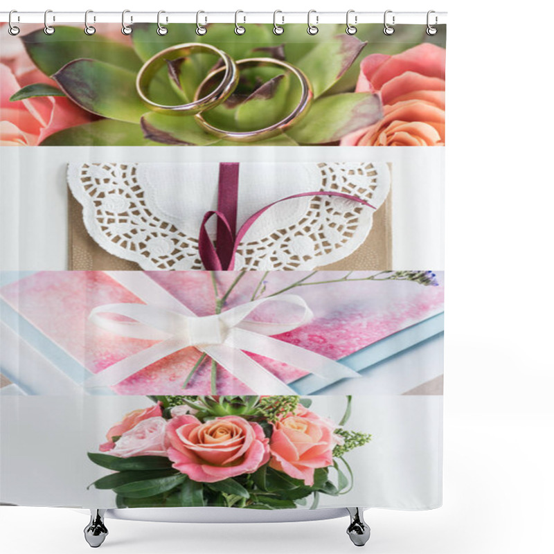 Personality  Collage Of Green Leaves, Roses, Golden Wedding Rings And Envelope  Shower Curtains