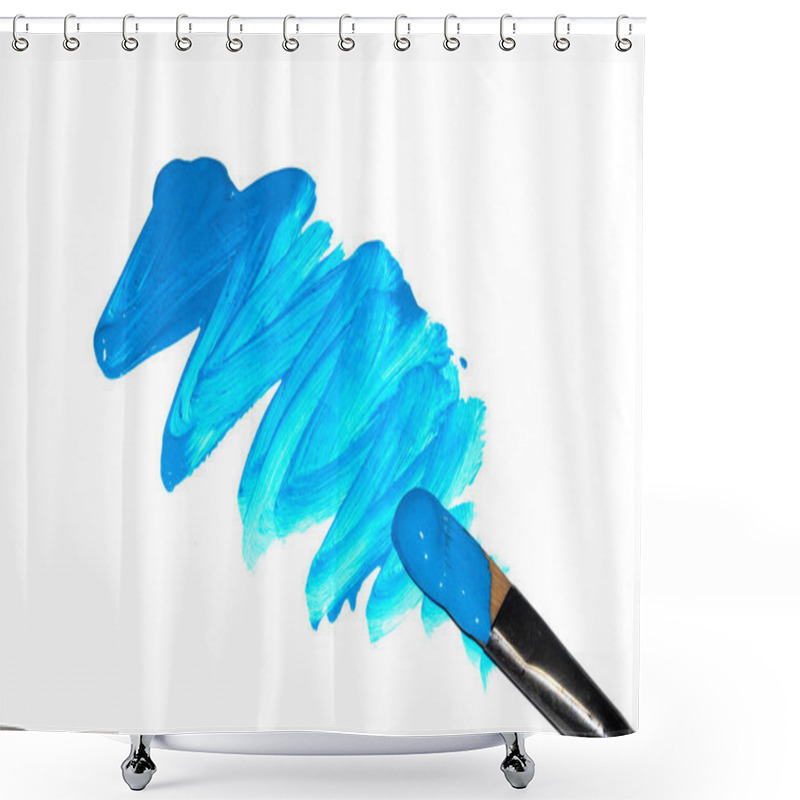 Personality  Blue Acrylic Paint Stroke With Paint Brush On White Background Shower Curtains