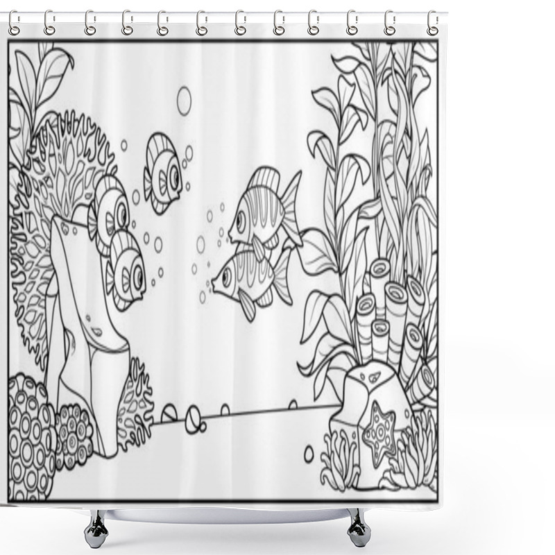 Personality  Sea Fishes On The Background Of The Seabed With Stones, Anemones And Algae Linear Drawing For Coloring On A White Background  Shower Curtains