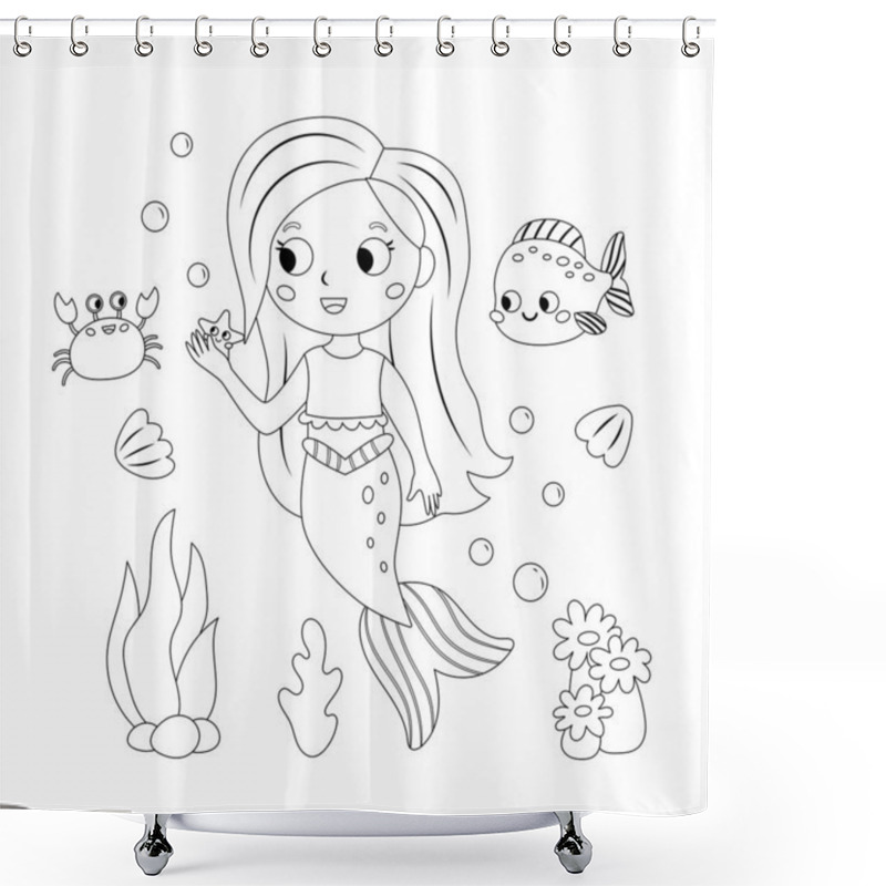 Personality  Coloring Page With Cute Mermaid, Crab And Fish. Kawaii Cartoon Characters. Vector Outline For Coloring Book. Shower Curtains