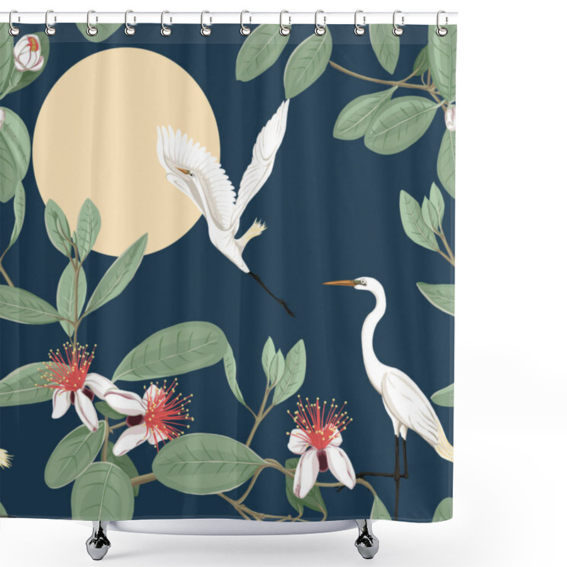 Personality  Seamless Pattern, Background With Floral Pattern With Feijoa Blooming Flowers And Herons. Vector Illustration Without Gradients And Transparency.  On Dark Blue Background. Shower Curtains