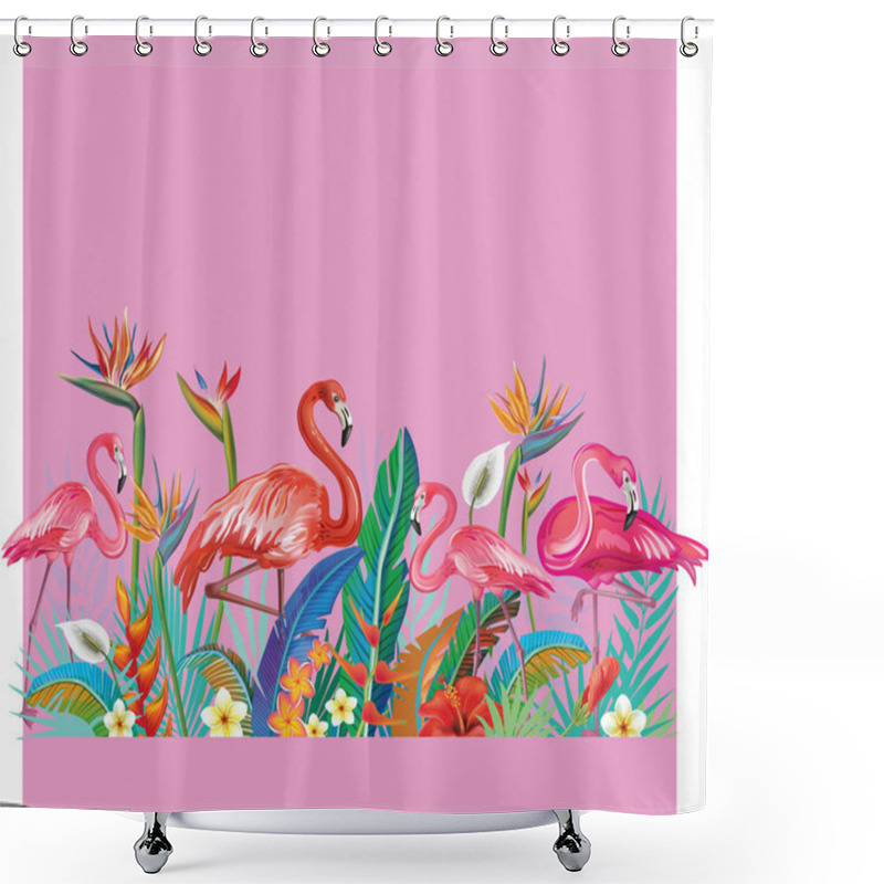 Personality  Border From Tropical Flowers, Leaves And Flamingoes Shower Curtains