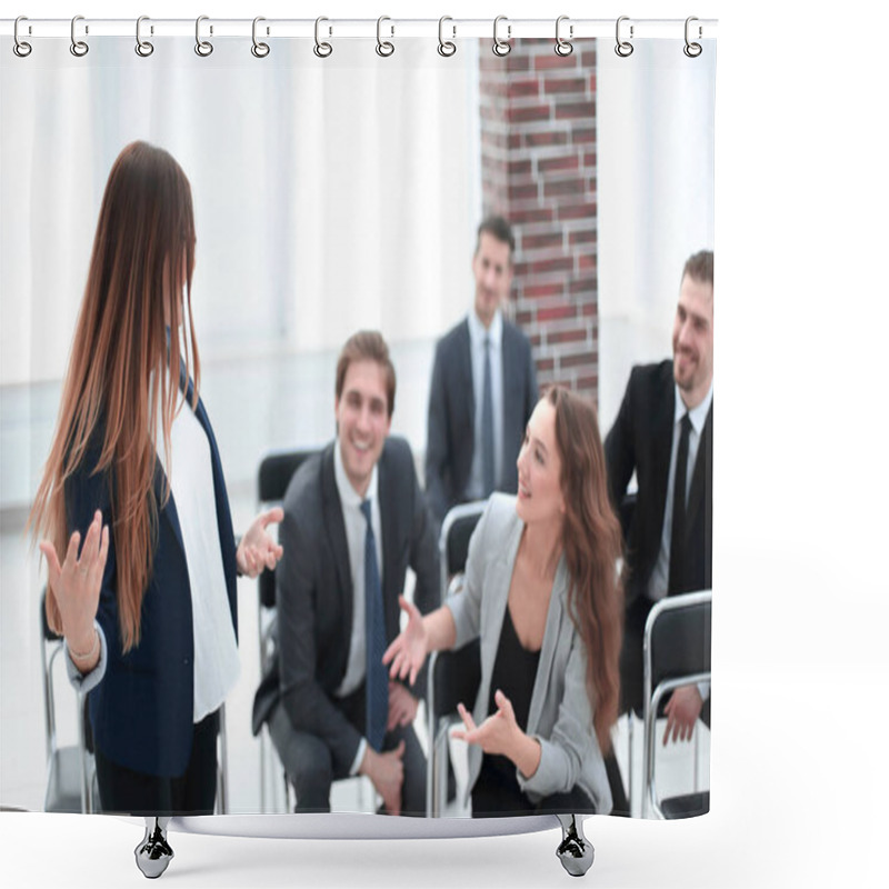 Personality  Team At Office Meeting, Friendly Executive Discussing Good News  Shower Curtains