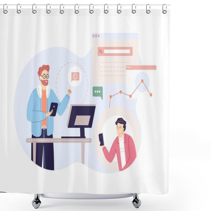 Personality  Male Programmer Accepts Application From Client. Professional Developer Work At Customer Service Support. Technical Specialist Of Helpline. Analyzing Planning Process Website Workflow Cartoon Vector Shower Curtains