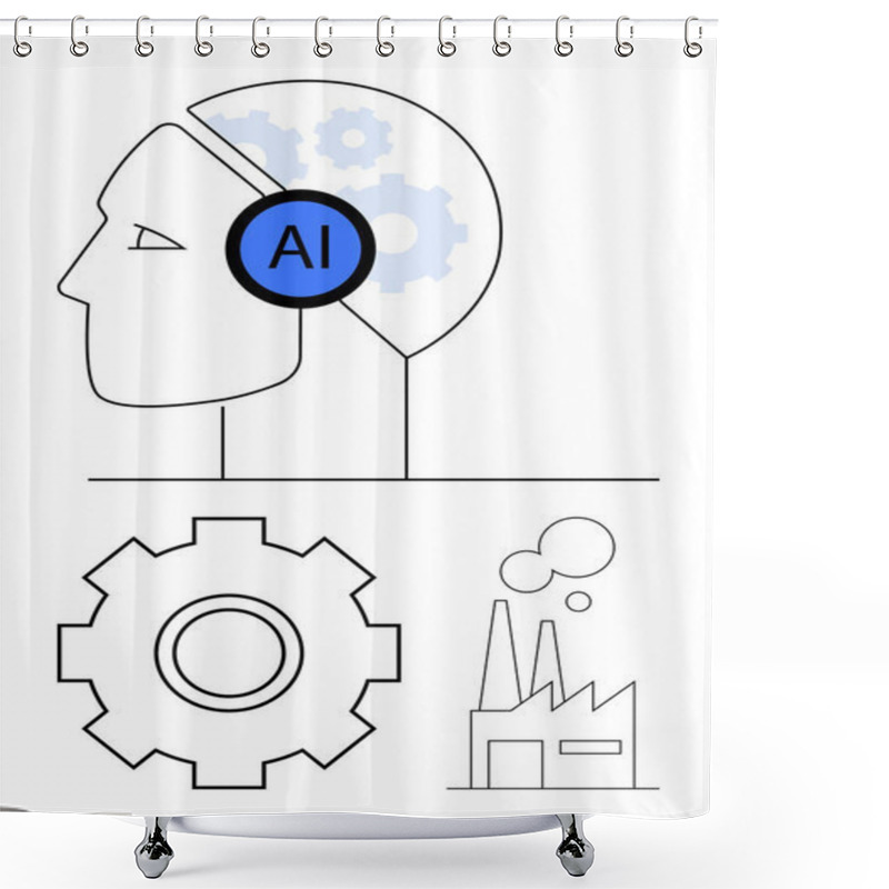 Personality  Human Head With AI Concept, Gears Symbolizing Innovation, Industrial Building With Emission Clouds. Ideal For Automation, Technology, Industry, Innovation, Efficiency, AI-driven Solutions Abstract Shower Curtains