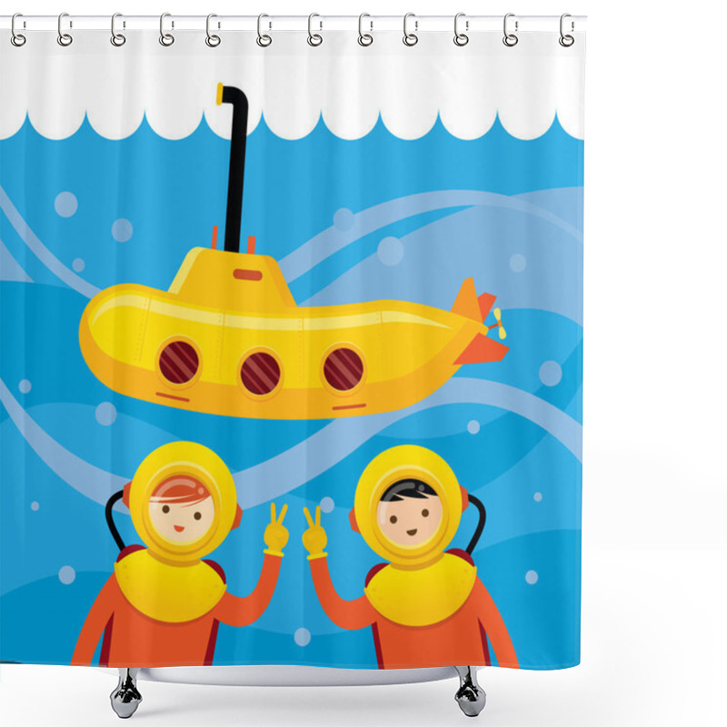 Personality  Yellow Submarine With Kids Diving Shower Curtains