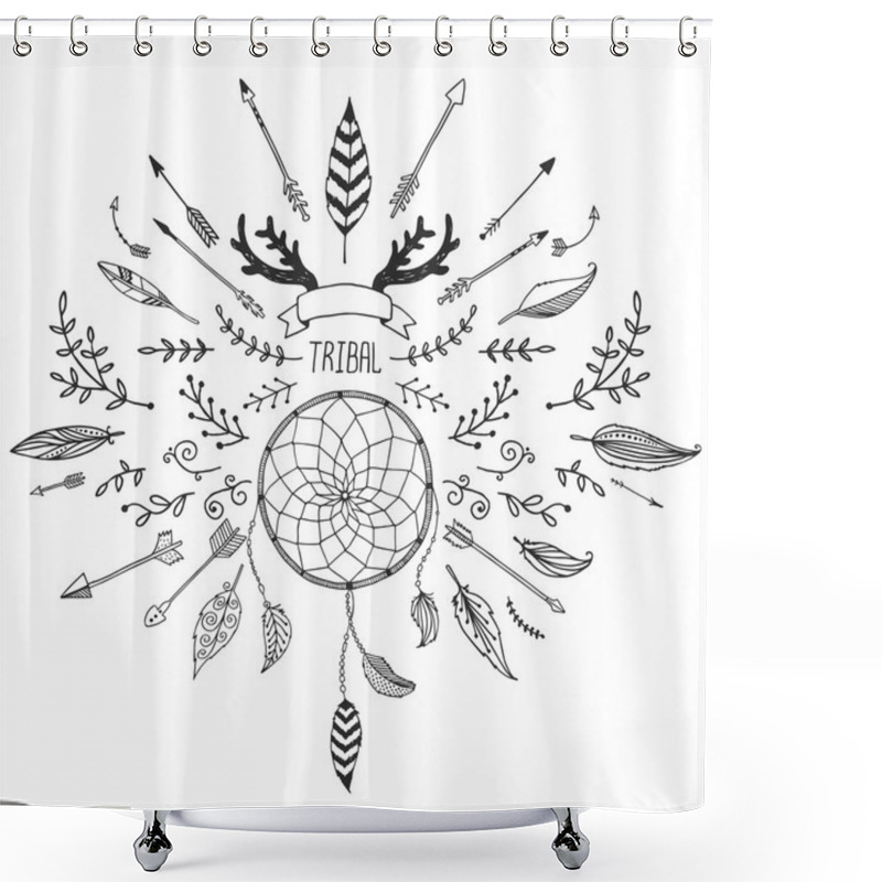 Personality  Hand Drawn Tribal Collection With Bow And Arrows, Feathers, Drea Shower Curtains