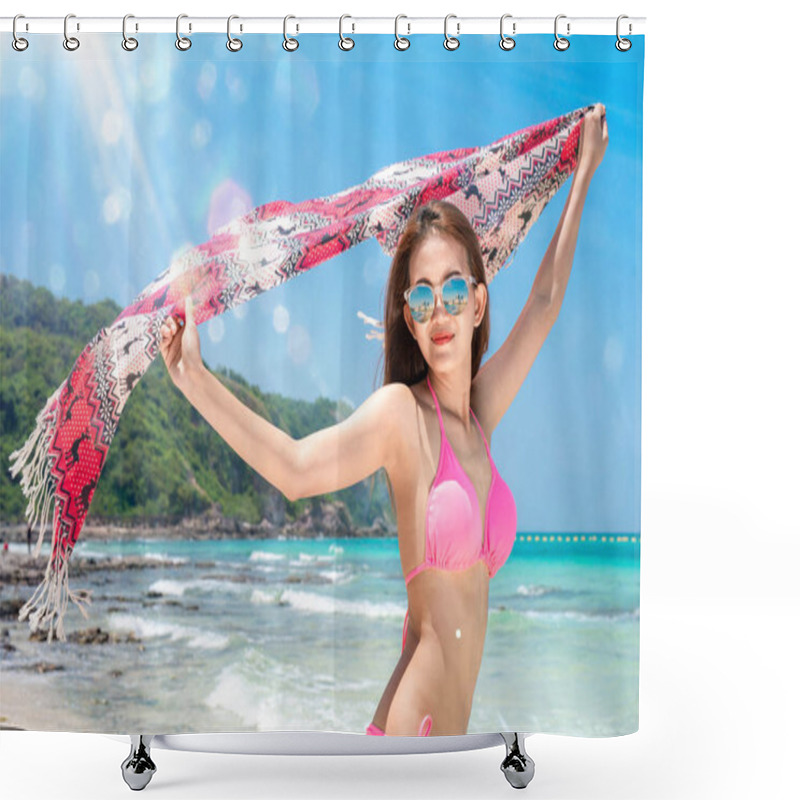 Personality  Asian Lady Travel On The Beach In Summer Season At Pattaya Beach Shower Curtains