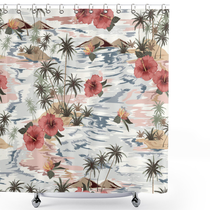 Personality  Seamless Island Pattern With Palm Trees, Flowers And Ocean Waves Shower Curtains