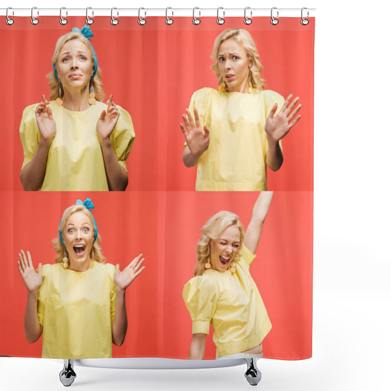 Personality  Collage Of Blonde Beautiful Young Woman In Retro Outfit Showing Various Emotions And Gestures Isolated On Red Shower Curtains