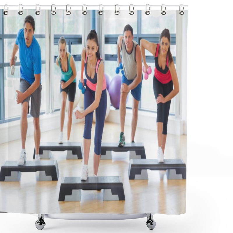 Personality  Instructor With Fitness Class Performing Step Aerobics Exercise With Dumbbells Shower Curtains