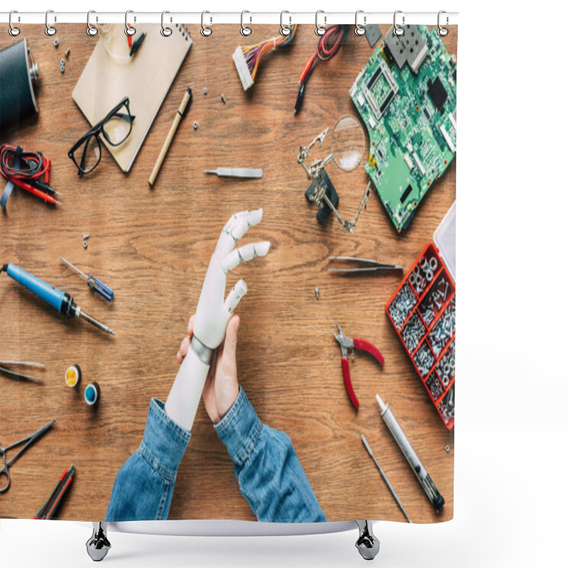 Personality  Cropped Image Of Man With Amputee Putting Off Prosthetic Arm On Table With Instruments Shower Curtains