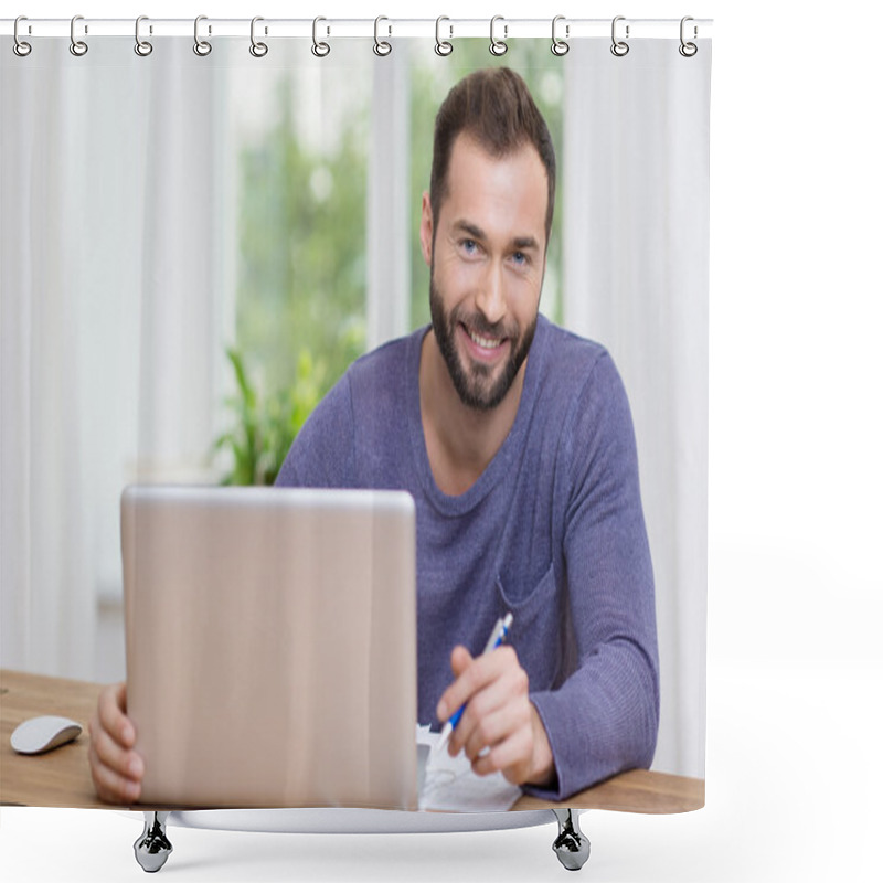 Personality  Smiling Businessman Working On A Laptop Shower Curtains